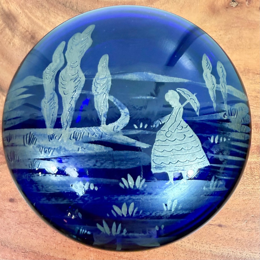 Vintage Czechoslovakian Cobalt Blue Powder Jar Silver Decoration w Etched Woman